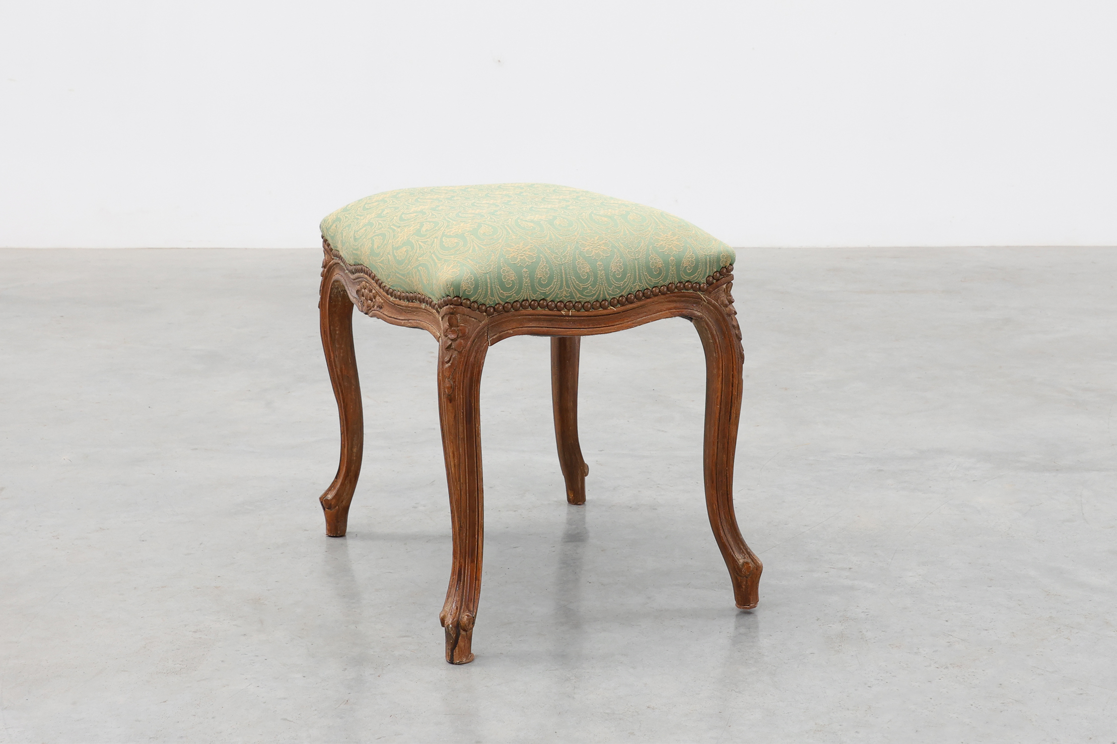 Louis XV stool with carved floral apron and original damask upholstery, France ca. 1900thumbnail